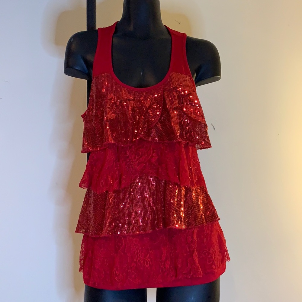 Women’s Medium Red Shimmer and Lace Racer Back Tank